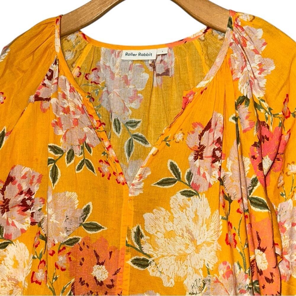 Roller Rabbit Women’s Size L Yellow Floral V-Neck Peasant Blouse Top Shirt - Picture 3 of 7